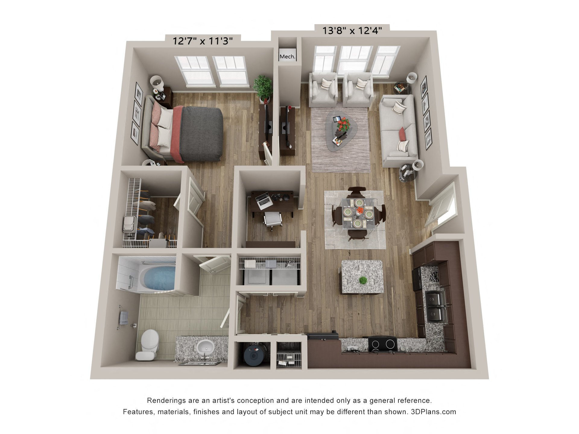 Floor plan for 1 bed, 1 bath, 801 sqft